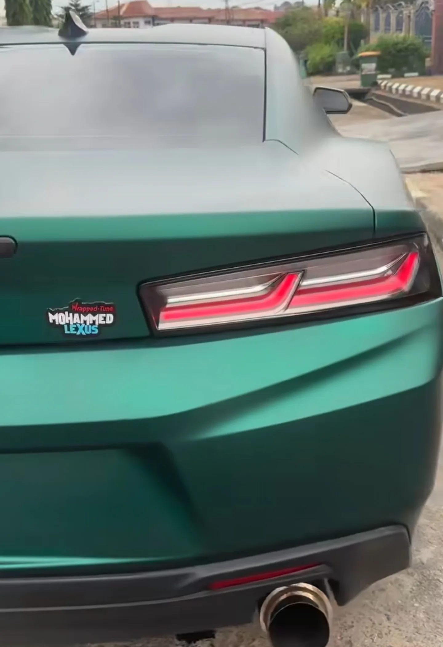 Chevrolet Camaro matte dark green wrap rear LED taillights Mohammed Lexus sticker complete
