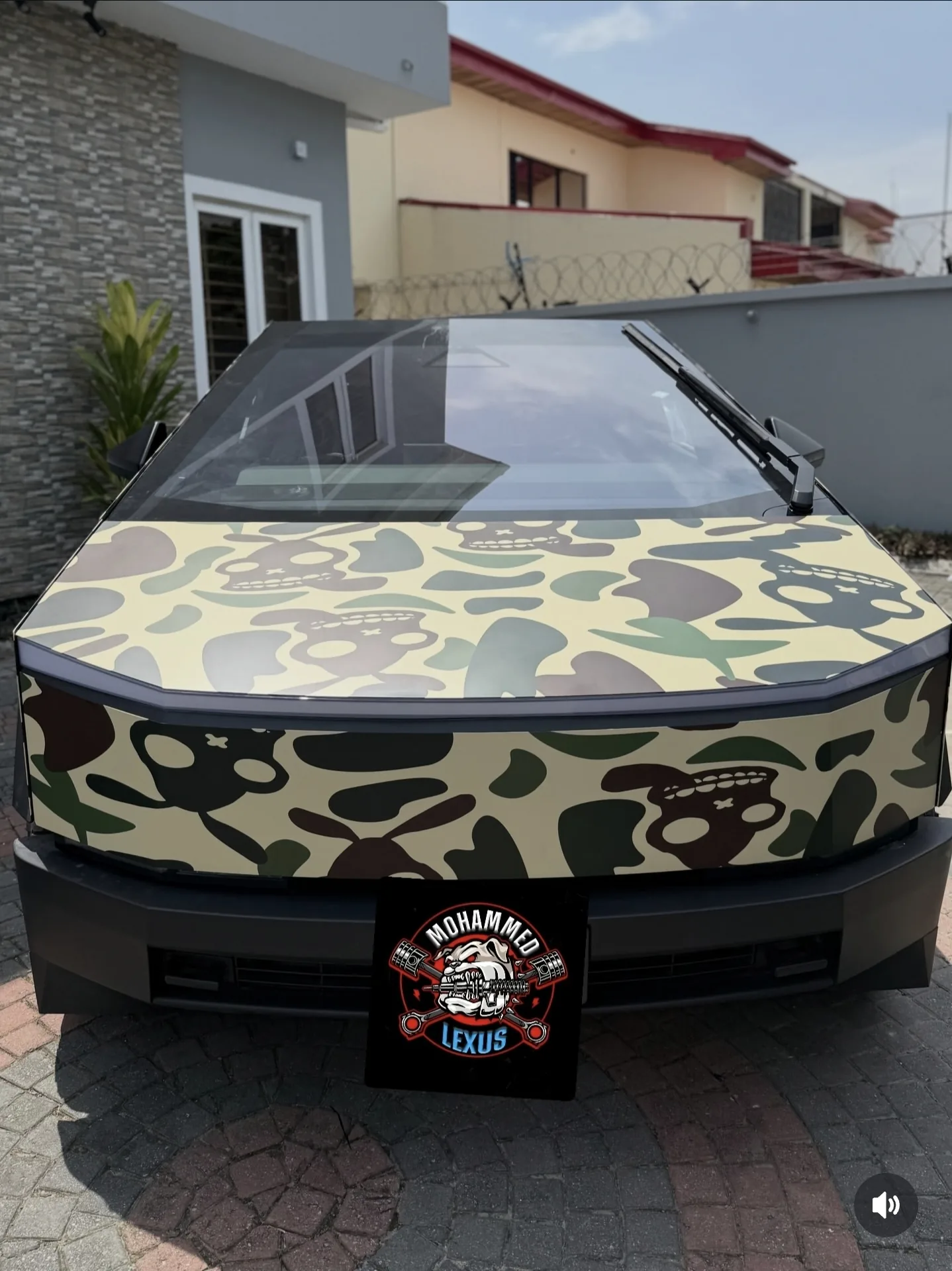 Tesla Cybertruck in matching BAPE skull camo wrap front view Mohammed Lexus Lagos