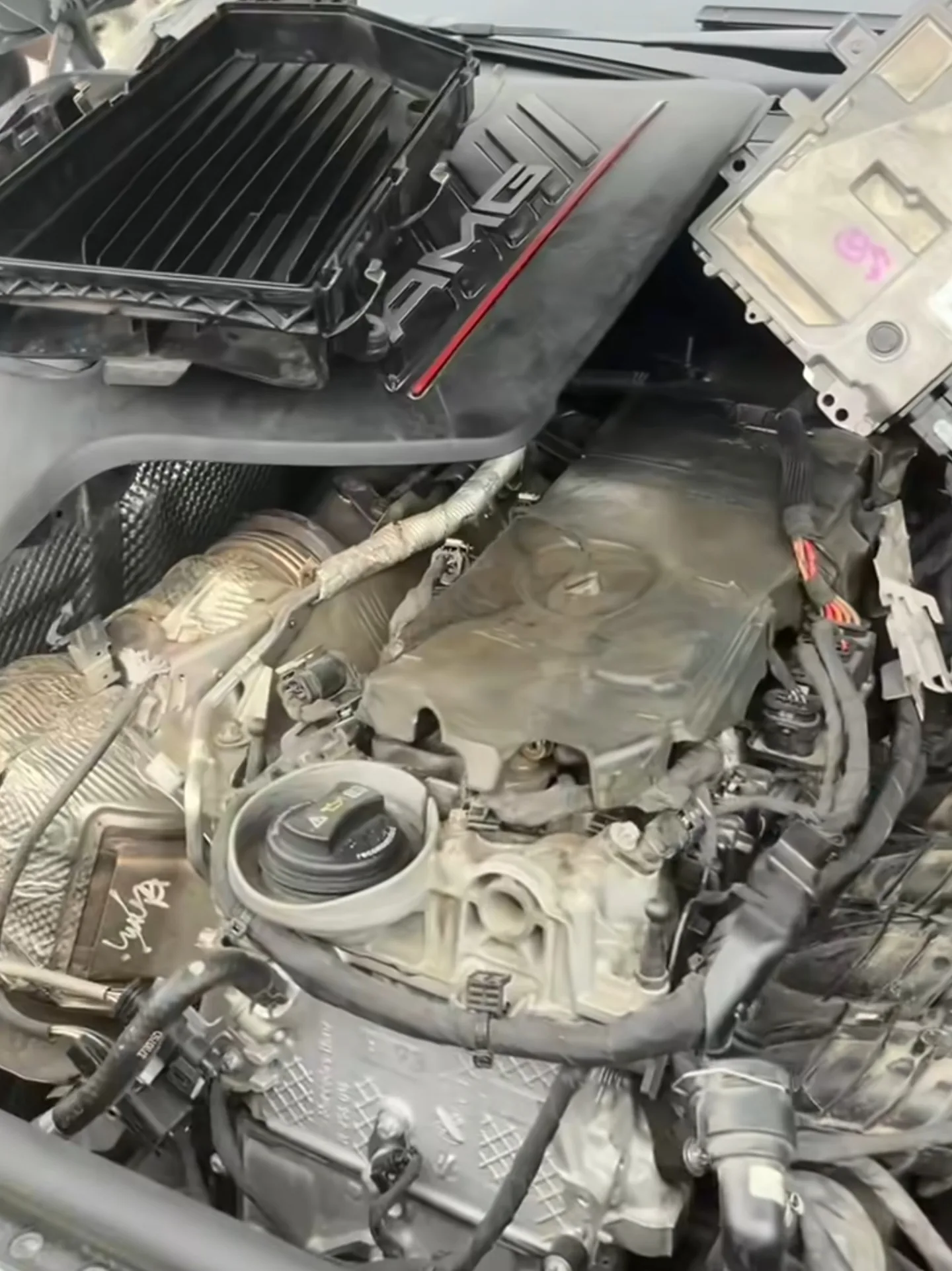 Mercedes GLE 53 AMG engine bay open during overheating diagnosis at Mohammed Lexus Lagos