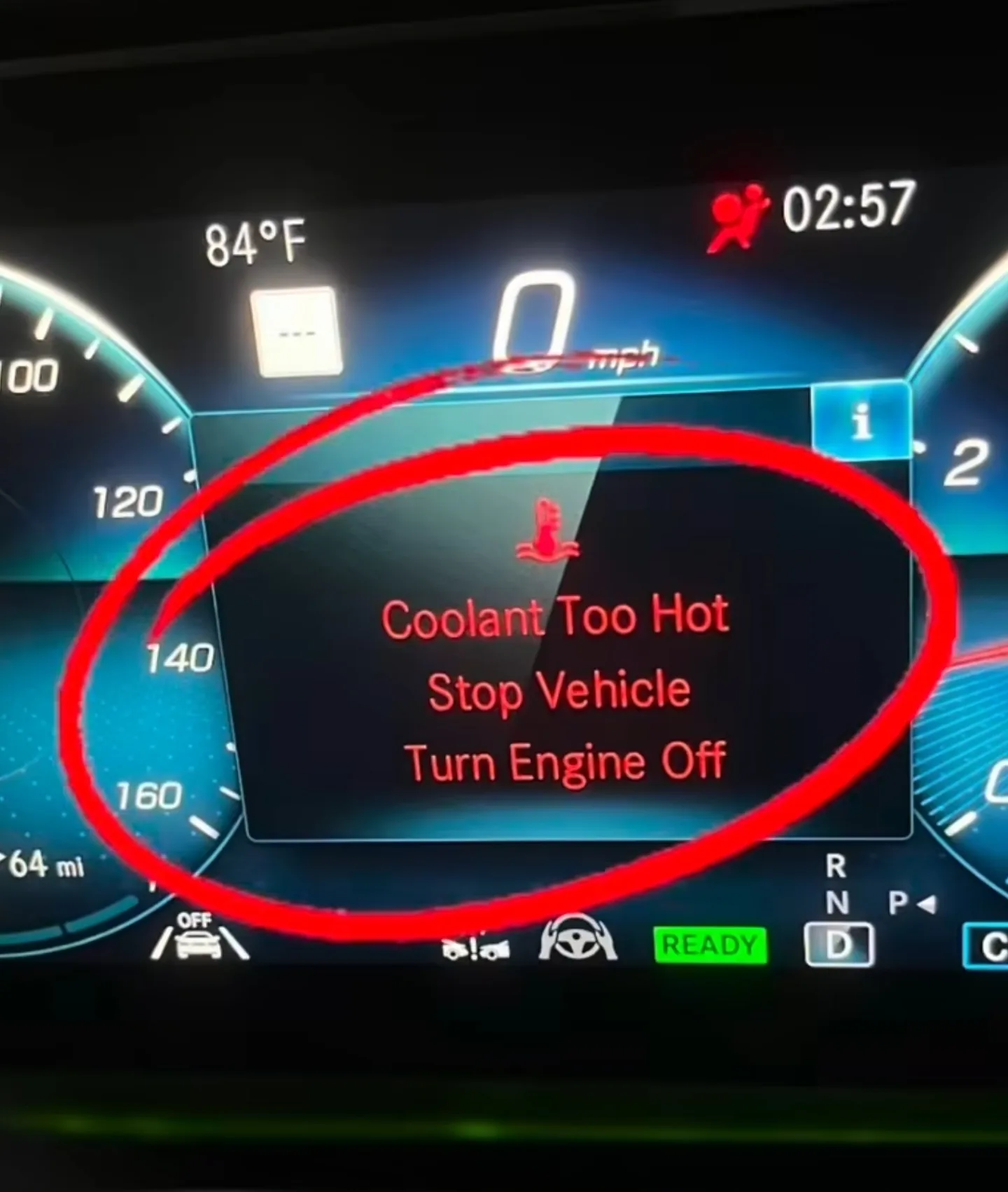 Mercedes GLE 53 dashboard showing coolant too hot warning on instrument cluster